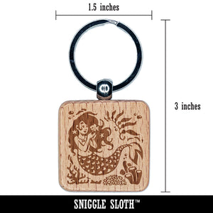 Mermaid Swimming in Reef Engraved Wood Square Keychain Tag Charm