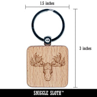 Moose Head Engraved Wood Square Keychain Tag Charm