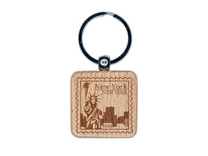 New York Destination Travel Engraved Wood Square Keychain Tag Charm