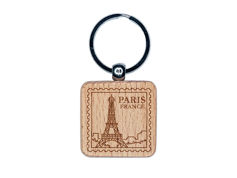 Paris France Eiffel Tower Destination Travel Engraved Wood Square Keychain Tag Charm
