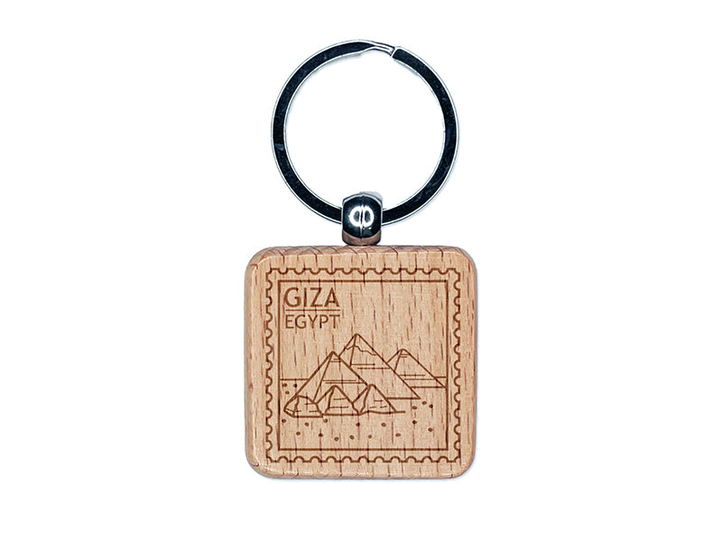 Pyramids of Giza Egypt Destination Travel Engraved Wood Square Keychain Tag Charm