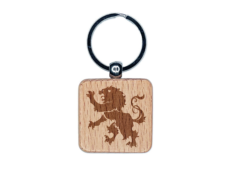 Regal Heraldic Lion Engraved Wood Square Keychain Tag Charm