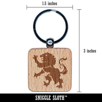 Regal Heraldic Lion Engraved Wood Square Keychain Tag Charm