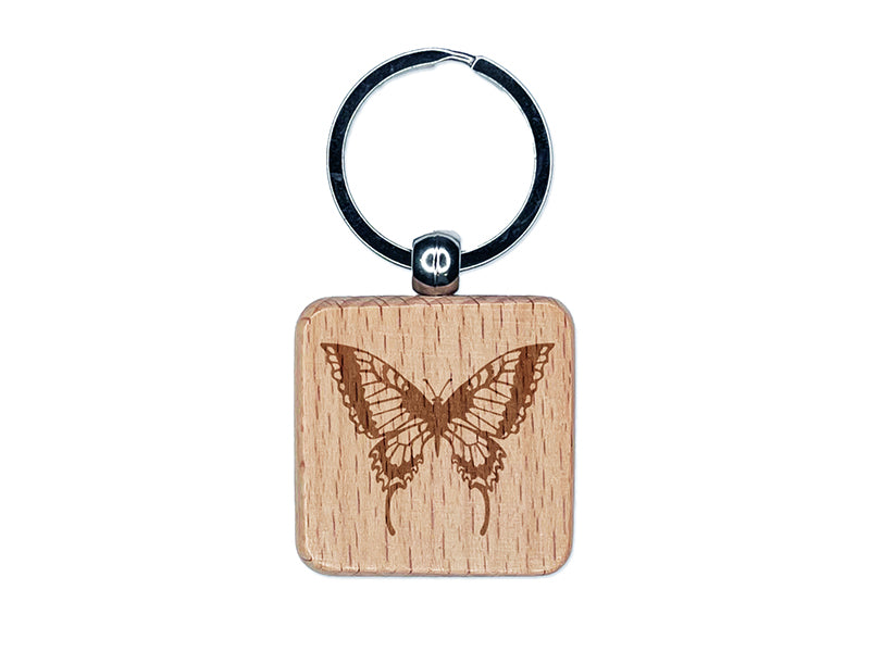 Swallowtail Butterfly Engraved Wood Square Keychain Tag Charm