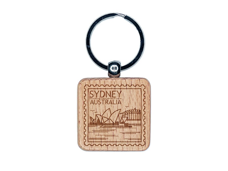 Sydney Opera House Australia Destination Travel Engraved Wood Square Keychain Tag Charm