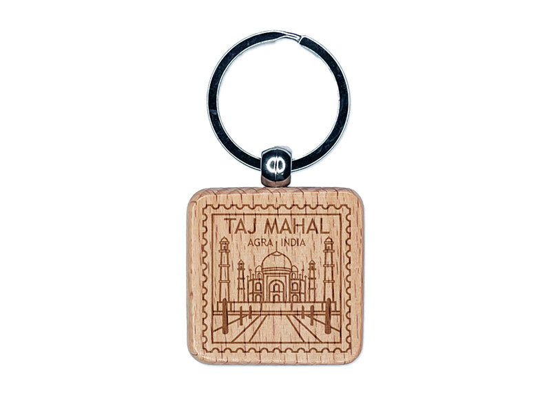 Taj Mahal Agra India Destination Travel Engraved Wood Square Keychain Tag Charm