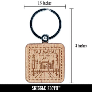 Taj Mahal Agra India Destination Travel Engraved Wood Square Keychain Tag Charm