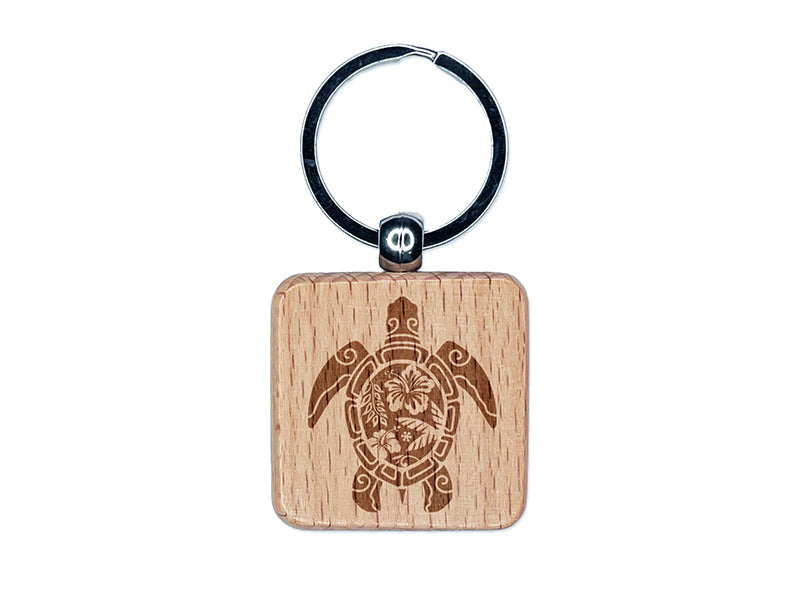 Tribal Hibiscus Sea Turtle Engraved Wood Square Keychain Tag Charm