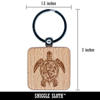 Tribal Hibiscus Sea Turtle Engraved Wood Square Keychain Tag Charm