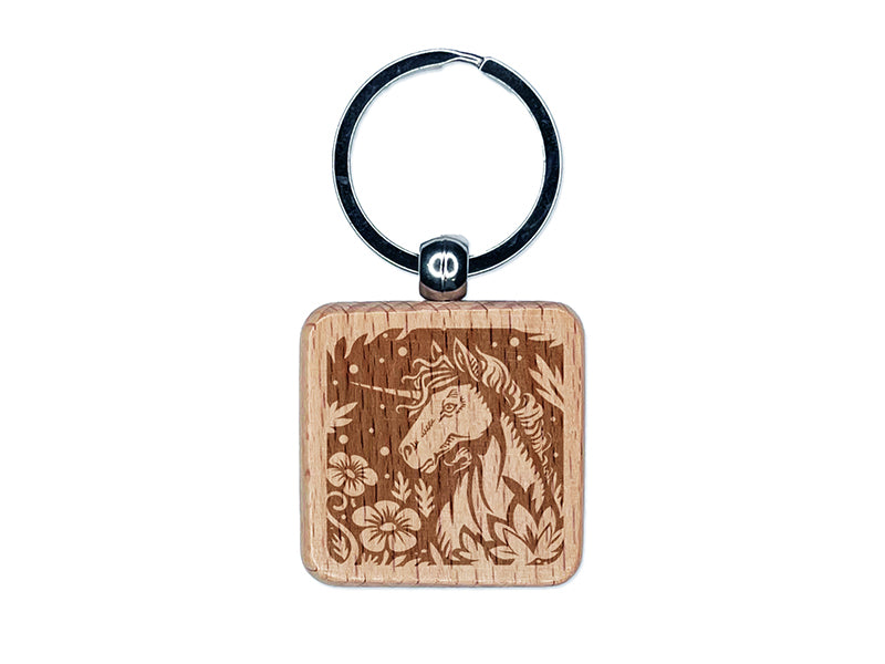 Unicorn in Flower Forest Engraved Wood Square Keychain Tag Charm