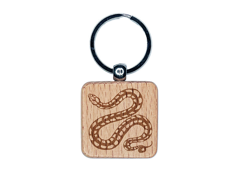 Winding Striped Snake Engraved Wood Square Keychain Tag Charm