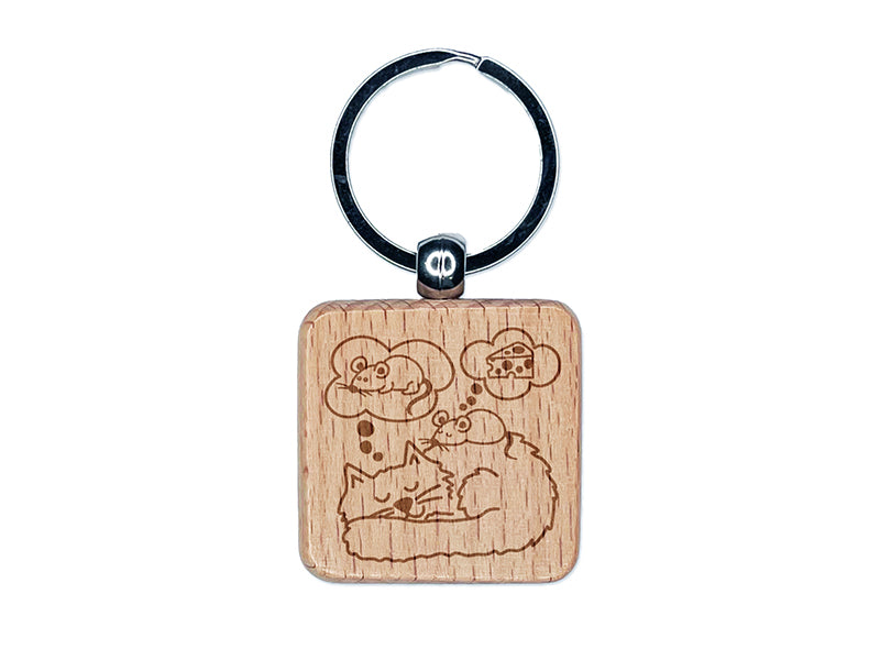 Cat and Mouse Sleeping Dreaming Engraved Wood Square Keychain Tag Charm