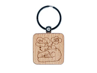 Cat and Mouse Sleeping Dreaming Engraved Wood Square Keychain Tag Charm
