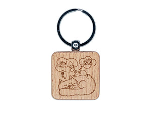 Cat and Mouse Sleeping Dreaming Engraved Wood Square Keychain Tag Charm