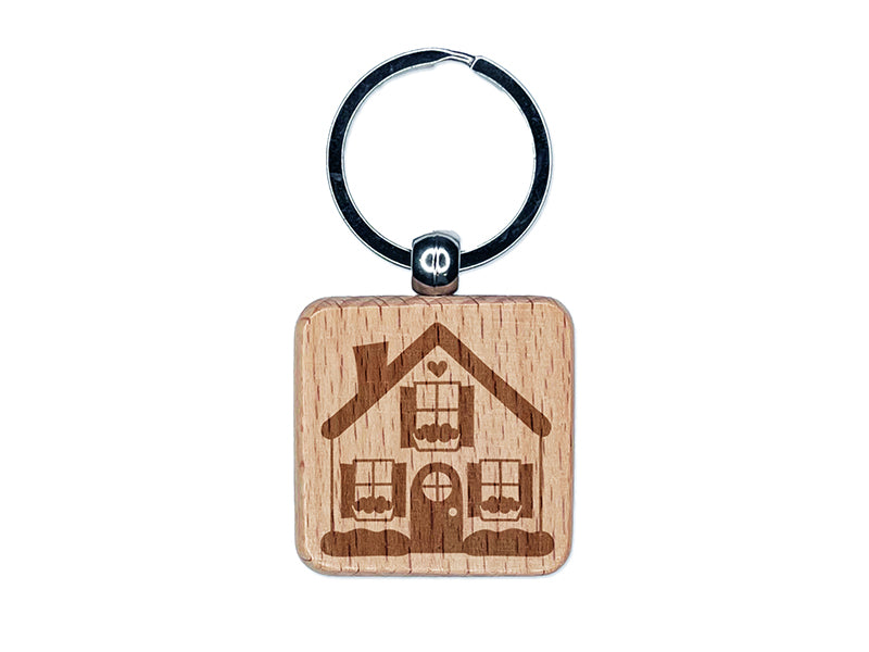 Cute House Heart Window Boxes Engraved Wood Square Keychain Tag Charm