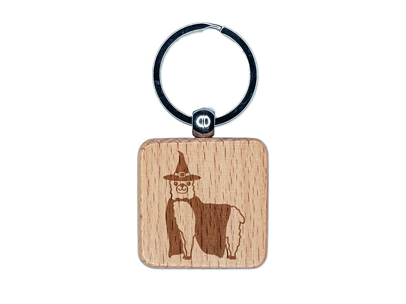 Halloween Llama Alpaca Witch Engraved Wood Square Keychain Tag Charm