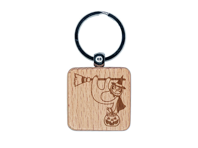 Halloween Sloth Witch and Broom Engraved Wood Square Keychain Tag Charm