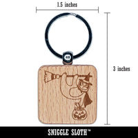 Halloween Sloth Witch and Broom Engraved Wood Square Keychain Tag Charm