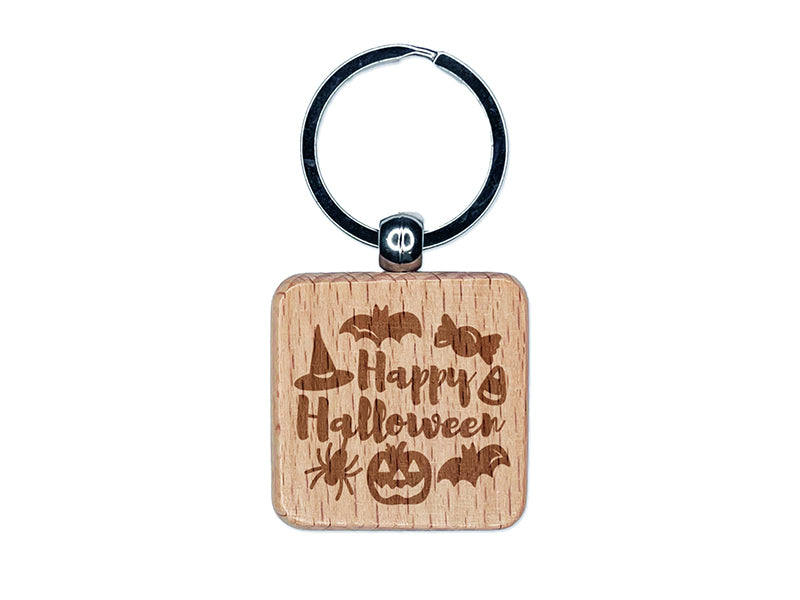 Happy Halloween Candy Bats Spider Engraved Wood Square Keychain Tag Charm