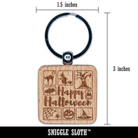 Happy Halloween Icons Bat Cat Hat Spider Engraved Wood Square Keychain Tag Charm