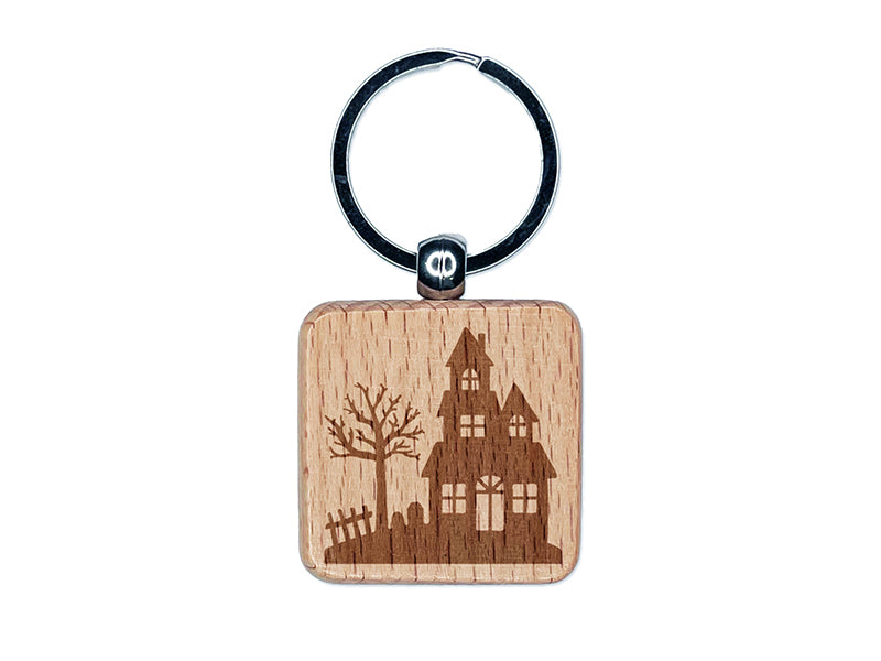 Haunted House Halloween Engraved Wood Square Keychain Tag Charm