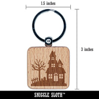 Haunted House Halloween Engraved Wood Square Keychain Tag Charm