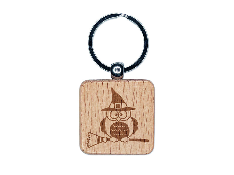 Owl with Witch Hat on Broom Halloween Engraved Wood Square Keychain Tag Charm
