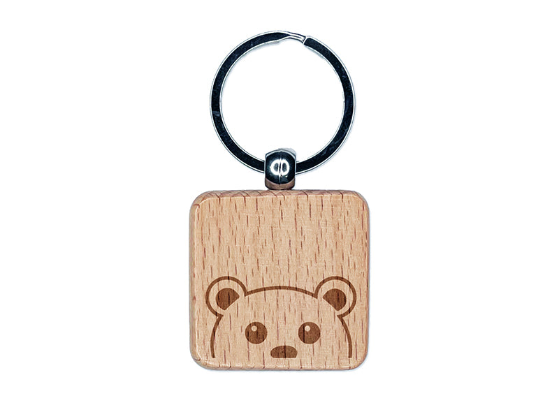 Peeking Bear Engraved Wood Square Keychain Tag Charm