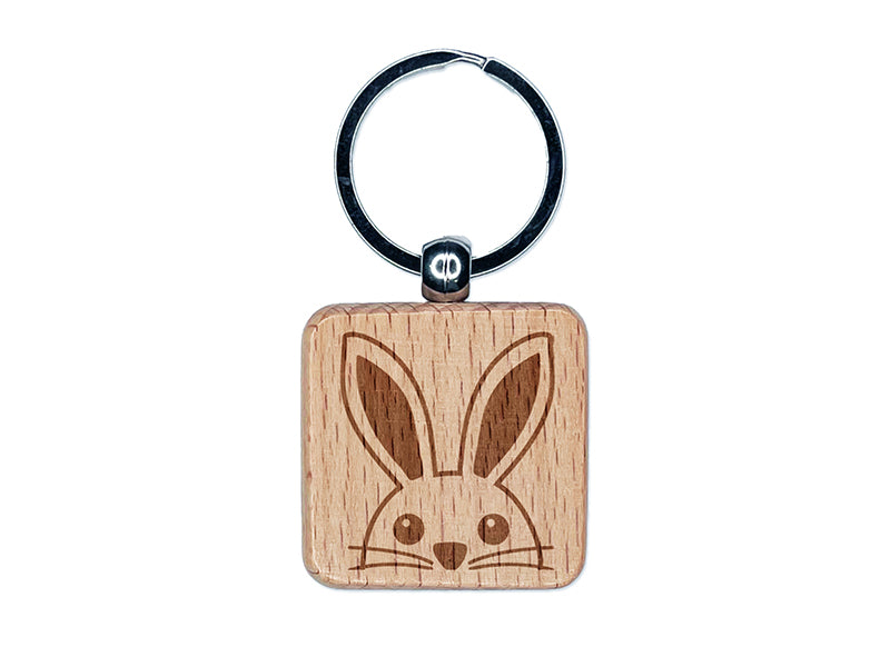 Peeking Bunny Rabbit Engraved Wood Square Keychain Tag Charm