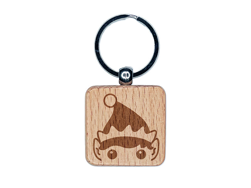 Peeking Elf Christmas Engraved Wood Square Keychain Tag Charm