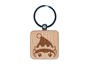 Peeking Elf Christmas Engraved Wood Square Keychain Tag Charm