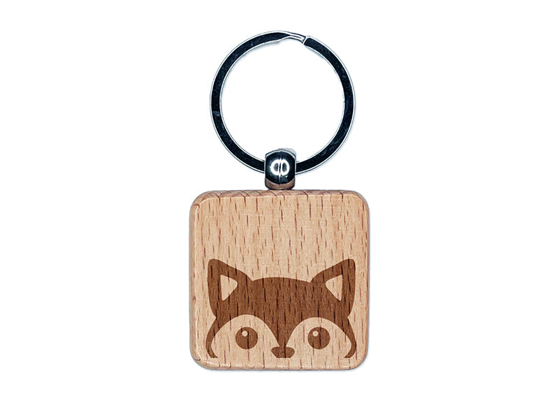 Peeking Fox Engraved Wood Square Keychain Tag Charm