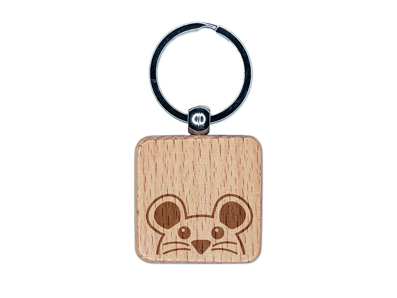 Peeking Mouse Engraved Wood Square Keychain Tag Charm