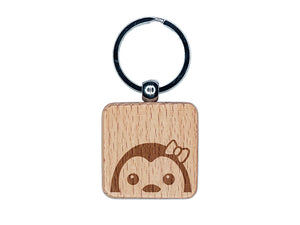 Peeking Penguin Engraved Wood Square Keychain Tag Charm