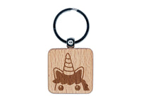 Peeking Unicorn Engraved Wood Square Keychain Tag Charm