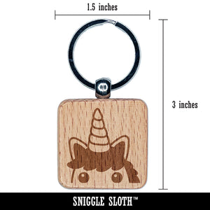 Peeking Unicorn Engraved Wood Square Keychain Tag Charm