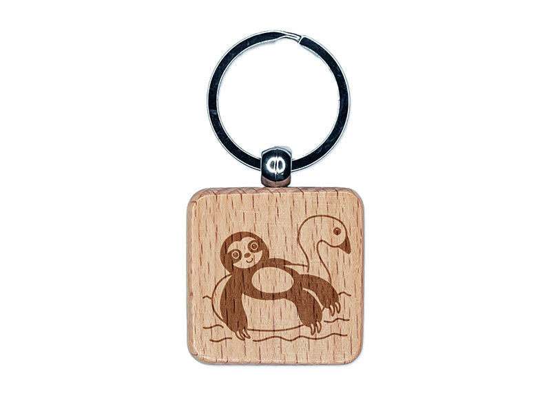 Sloth on Swan Pool Floaty Engraved Wood Square Keychain Tag Charm