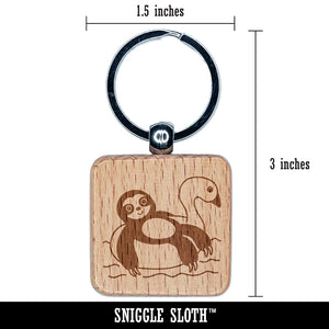 Sloth on Swan Pool Floaty Engraved Wood Square Keychain Tag Charm