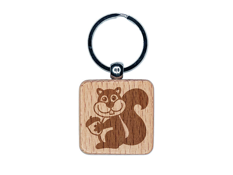 Squirrel Holding Acorn Engraved Wood Square Keychain Tag Charm