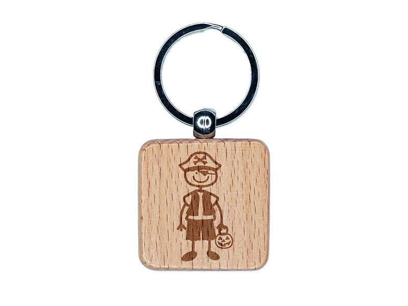 Stick Figure Boy Halloween Pirate Engraved Wood Square Keychain Tag Charm