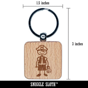 Stick Figure Boy Halloween Pirate Engraved Wood Square Keychain Tag Charm