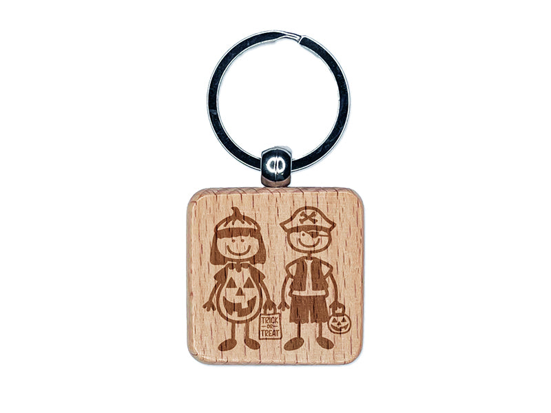 Stick Figure Halloween Trick Or Treaters Kids Engraved Wood Square Keychain Tag Charm