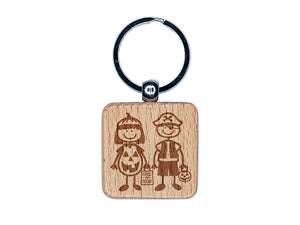 Stick Figure Halloween Trick Or Treaters Kids Engraved Wood Square Keychain Tag Charm