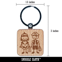 Stick Figure Halloween Trick Or Treaters Kids Engraved Wood Square Keychain Tag Charm