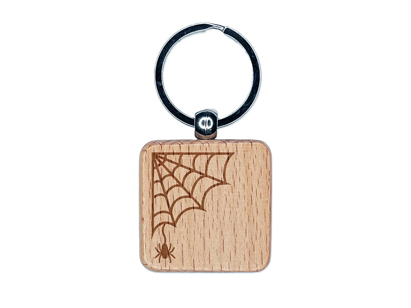 Web Corner With Spider Halloween Engraved Wood Square Keychain Tag Charm