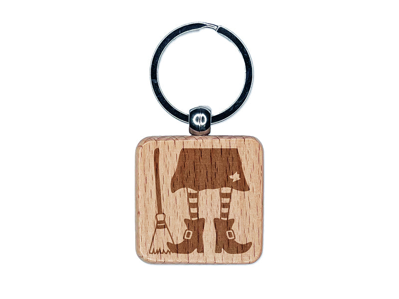 Witch Feet With Broom Halloween Engraved Wood Square Keychain Tag Charm