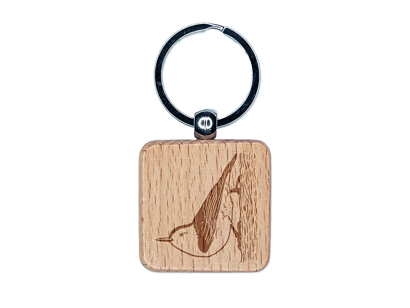 Active White-Breasted Nuthatch Engraved Wood Square Keychain Tag Charm