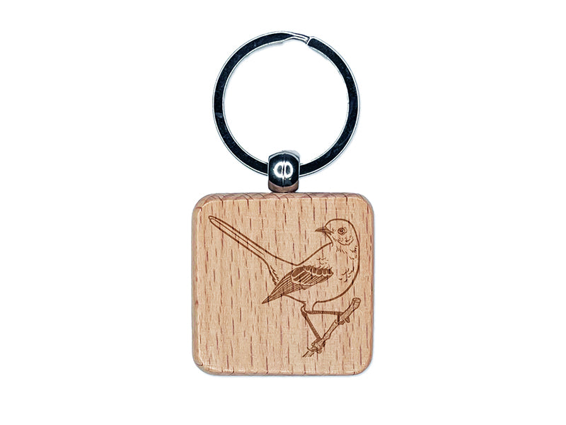 Alert Mockingbird Bird Engraved Wood Square Keychain Tag Charm