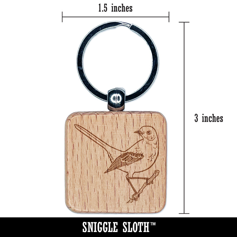 Alert Mockingbird Bird Engraved Wood Square Keychain Tag Charm