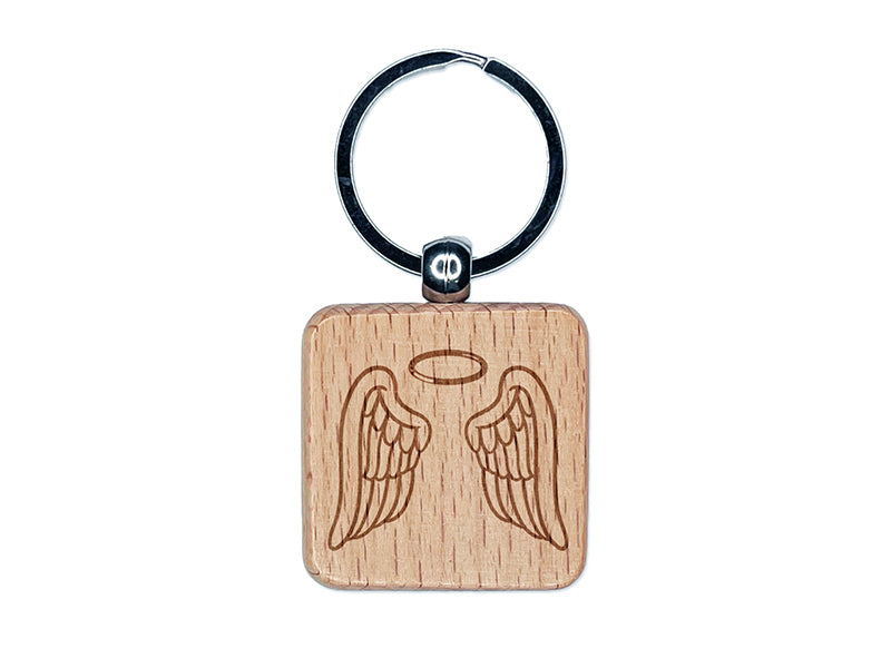 Angel Wings with Halo Engraved Wood Square Keychain Tag Charm